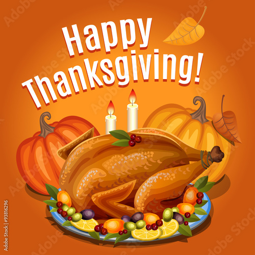 Thanksgiving Turkey on platter with garnish and orange pumpkin