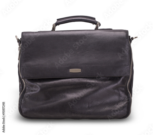 Black leather bag for office on white background
