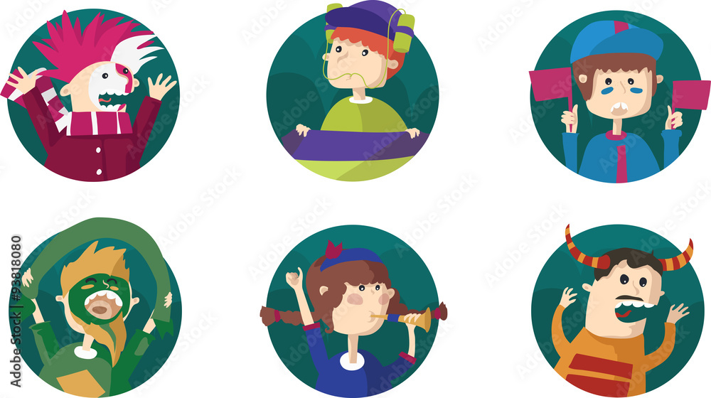 Vector illustration of football fan faces avatars. Fun, bright, emotional, with colored faces and fan attributes: vuvuzela, beer hat, trumpet.