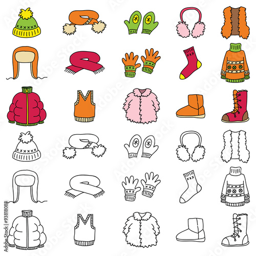 Set of winter clothing icons. Vector doodle illustration.
