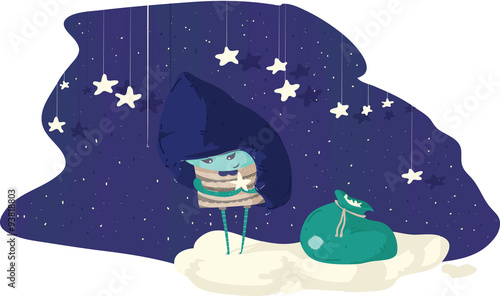 Night dark child illustration of a monster holding a star, staying on the cloud. Blue and green colored, cute, fantasy. Vector, isolated on white.