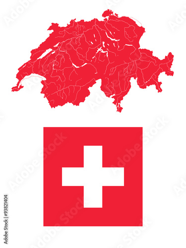 Natoinal flag of Switzerland and very detailed outline map of Switzerland in colors of the Swiss flag. Design and colors of flag are proper. Rivers and lakes are shown. #93821404