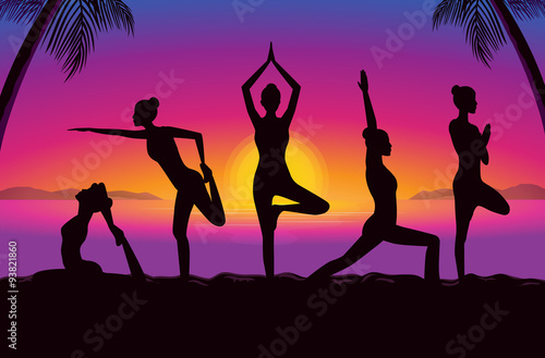 Woman group posing in yoga posture in seaside at the sunset time