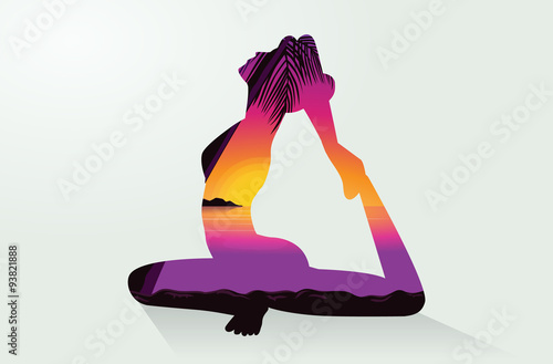 Double exposure of woman doing Yoga postures and sea at the sunset time