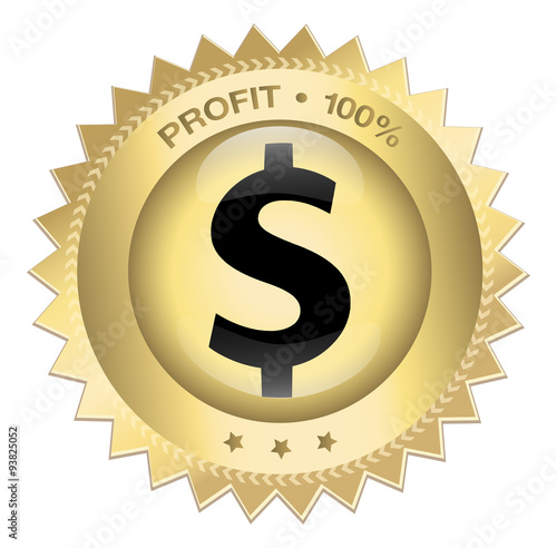 Profit 100% seal or icon with red banner and dollar symbol. Glossy golden seal or button with stars.