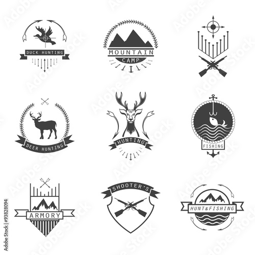 Set of  hunting, camping, fishing, armory and shooter's logo, em