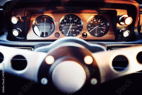 View on a dashboard of a classic 70s car