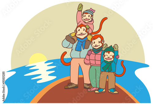 山頂から朝日を望む猿の家族のイラスト。