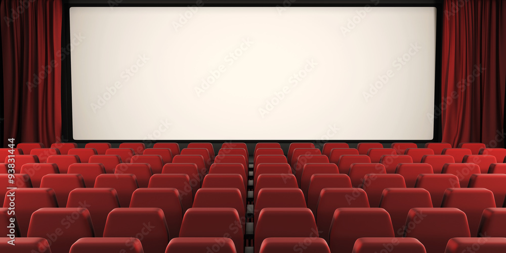 Naklejka premium Cinema screen with open curtain. 3d.
