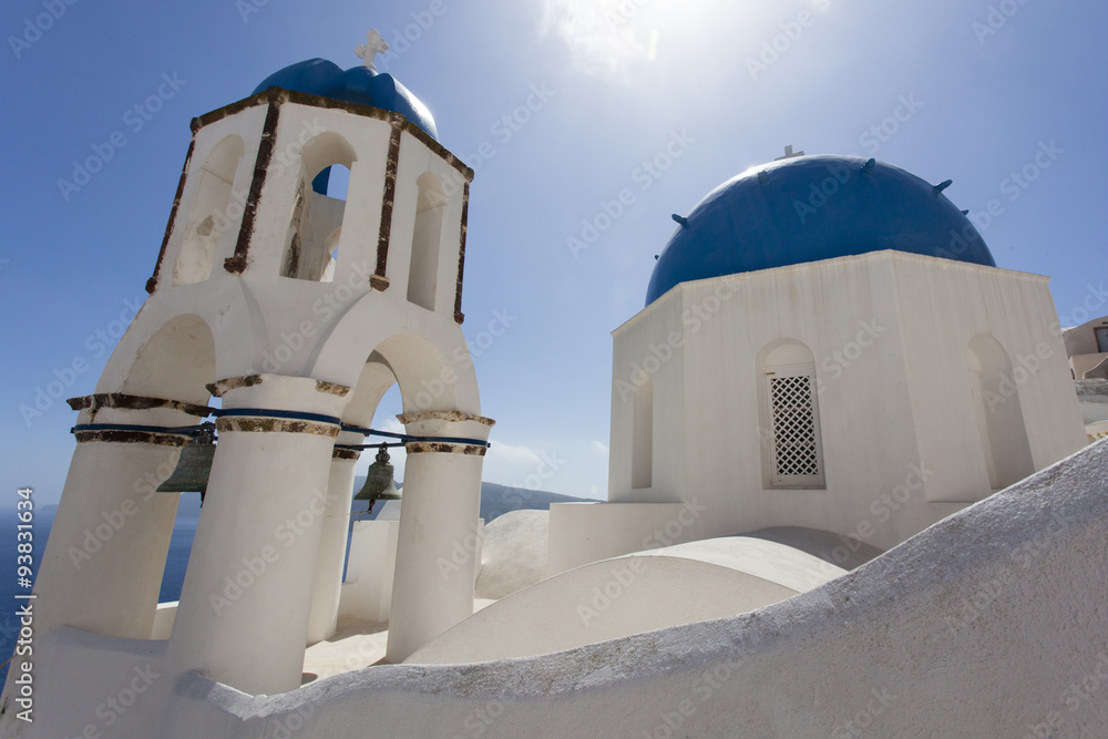 White Greek church in Ia/ Oia in Santorini, Cyclades, Greece - Europe