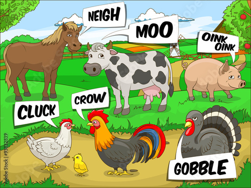 Farm animals talks sound cartoon illustration