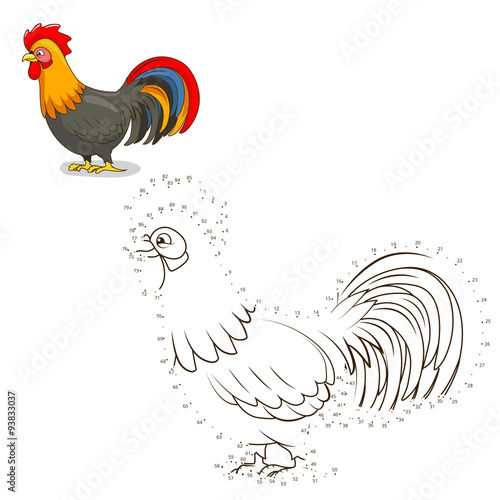 Connect the dots game rooster vector illustration