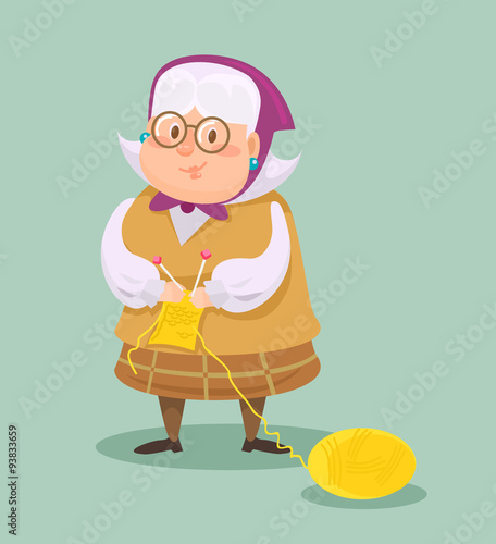 Grandmother knits. Vector flat cartoon illustration