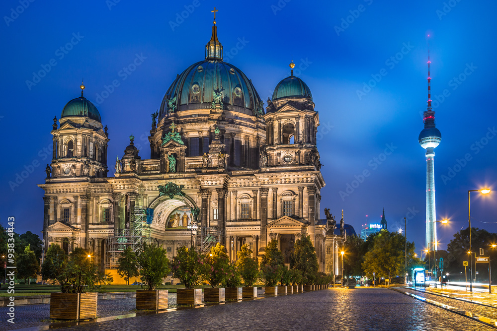 Berlin Cathedral with TV tower at night, Germany