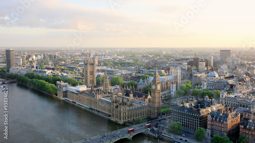 Beautiful panoramic scenic view on London's southern part from window of London Eye tourist attraction wheel cabin: cityscape, Westminster Abbey, Big Ben, Houses of Parliament and Thames river
