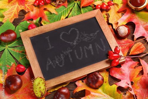 autumn leaves background with text on blackboard