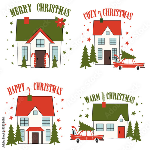 Christmas and New Year lettering collection with houses and trees.