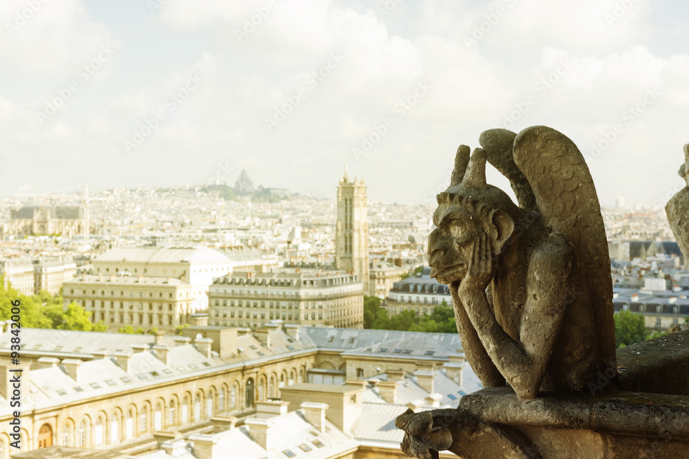 Chimera (gargoyle) of the Cathedral of Notre Dame de Paris overl
