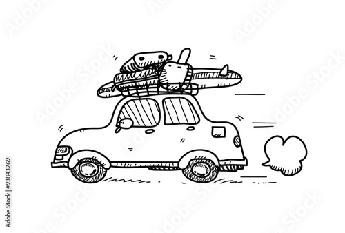 Car Doodle, a hand drawn vector doodle illustration of a car with lots of luggage and a surfboard on top of it.