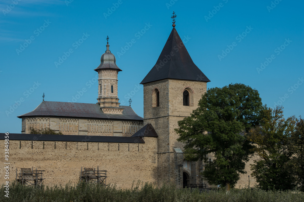 Whole view of Dragomirna monastery with one tower