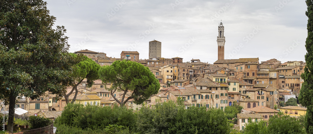 panoramic view to the tower  and old city in Siena in Italy
