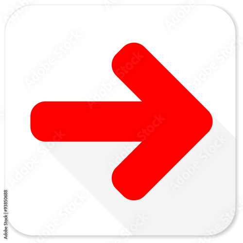 right arrow red flat icon with long shadow on white background