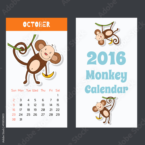 Calendar with a monkey for 2016. The month of October. 