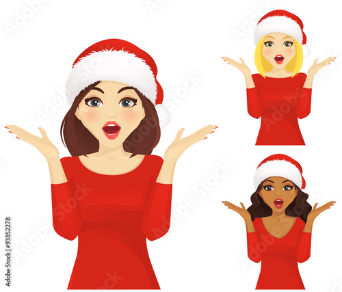 Surprised woman in christmas santa hat