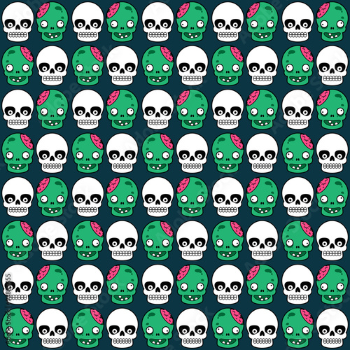 Cute Halloween pattern with skull and zombie. Vector illustration for backgrounds and prints