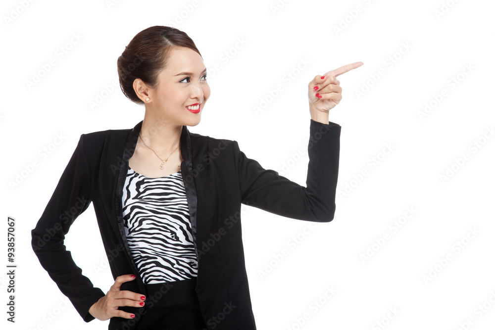 Young Asian business woman smile and point
