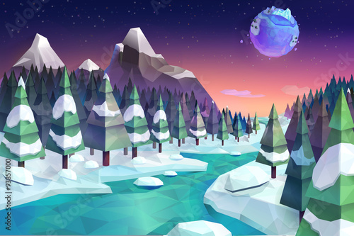 Winter forest, vector background low poly style