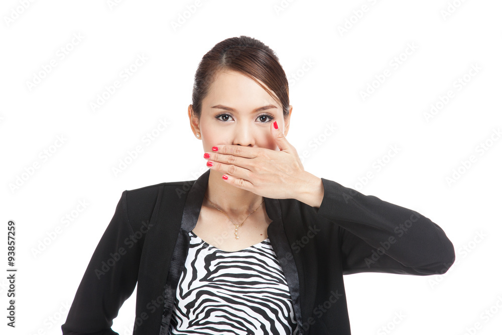Young Asian business woman close her mouth with hand Young Asian business woman close her mouth with hand