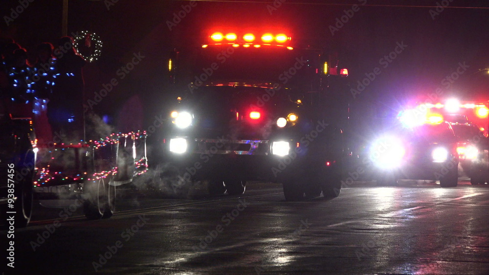 Night winter Christmas light parade fire trucks fast 4K 042 Night winter Christmas light parade fire trucks fast 4K 042