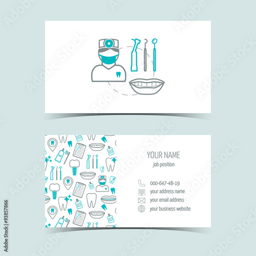 Business cards for dental clinic. Promotional products. Line icons. Flat design. Vector