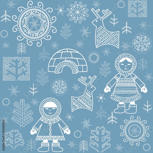 Winter abstract wallpaper with Eskimo, trees and igloo