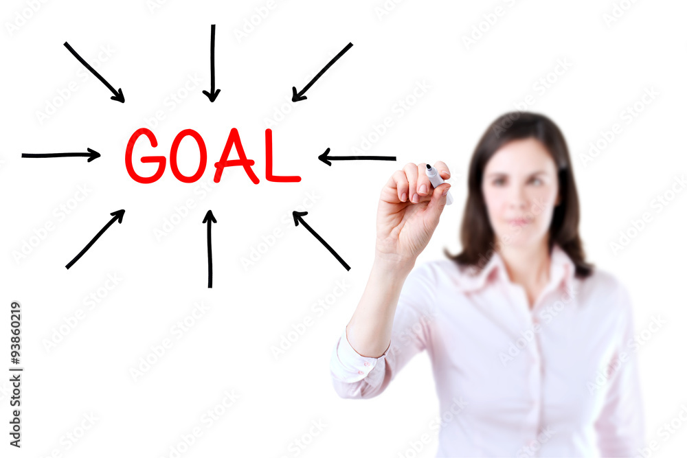 Young business woman access the goal. Isolated on white background. Young business woman access the goal. Isolated on white background.