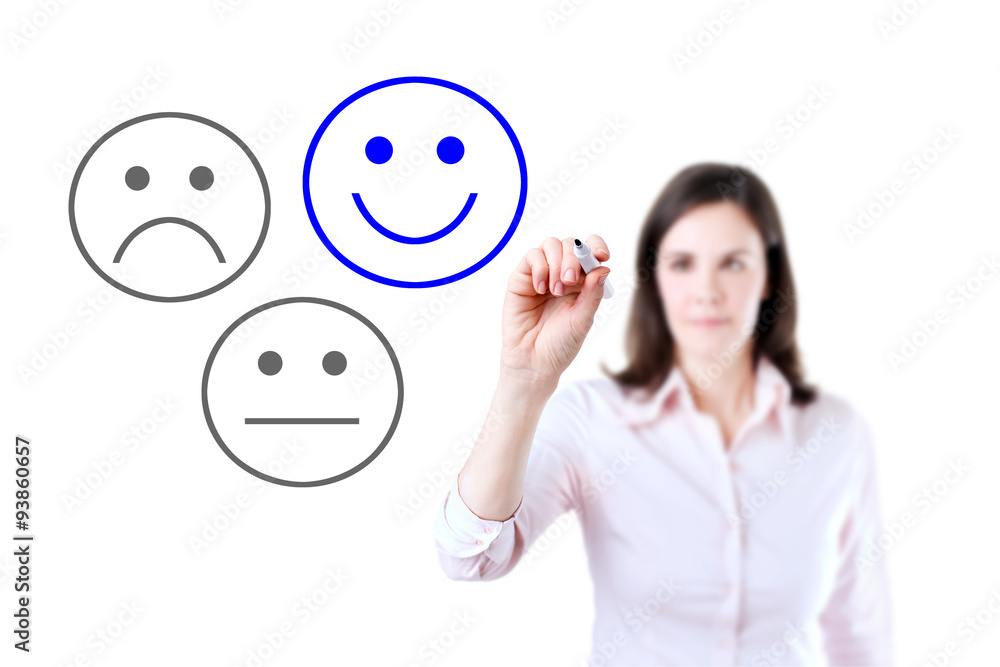 Business woman select happy on satisfaction evaluation. Isolated on white. Business woman select happy on satisfaction evaluation. Isolated on white.