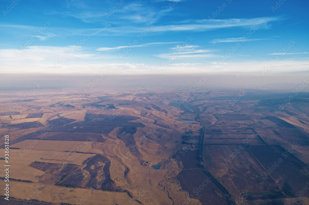 Air balloon over the field with blue sky. View Air balloon over the field with blue sky. View