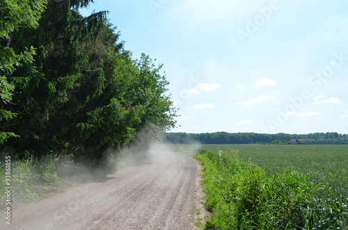 Dusty gravel road next to forest and arable land