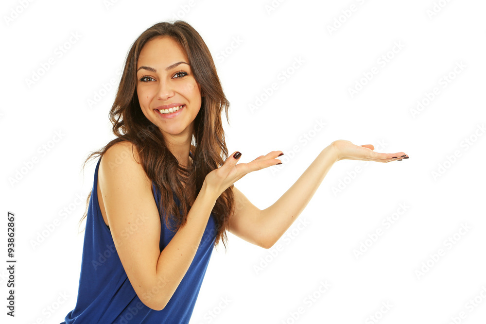 Young beautiful brunette woman on white background Young beautiful brunette woman on white background
