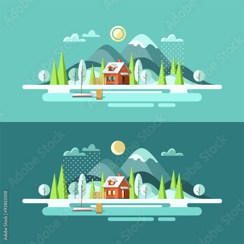 Nature. Outdoor. Winter landscape. Vector illustration in flat design style.