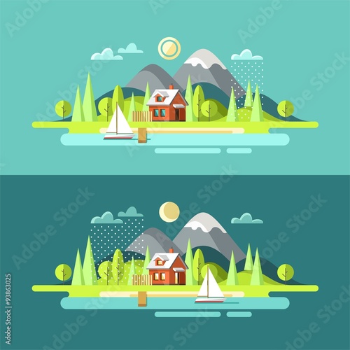 Nature. Outdoor. Summer landscape. Vector illustration in flat design style.