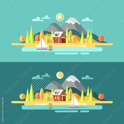 Nature. Outdoor. Autumn landscape. Vector illustration in flat design style.