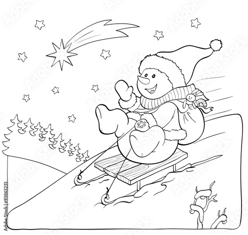 Coloring book or page. Snowman on the sled with gifts.