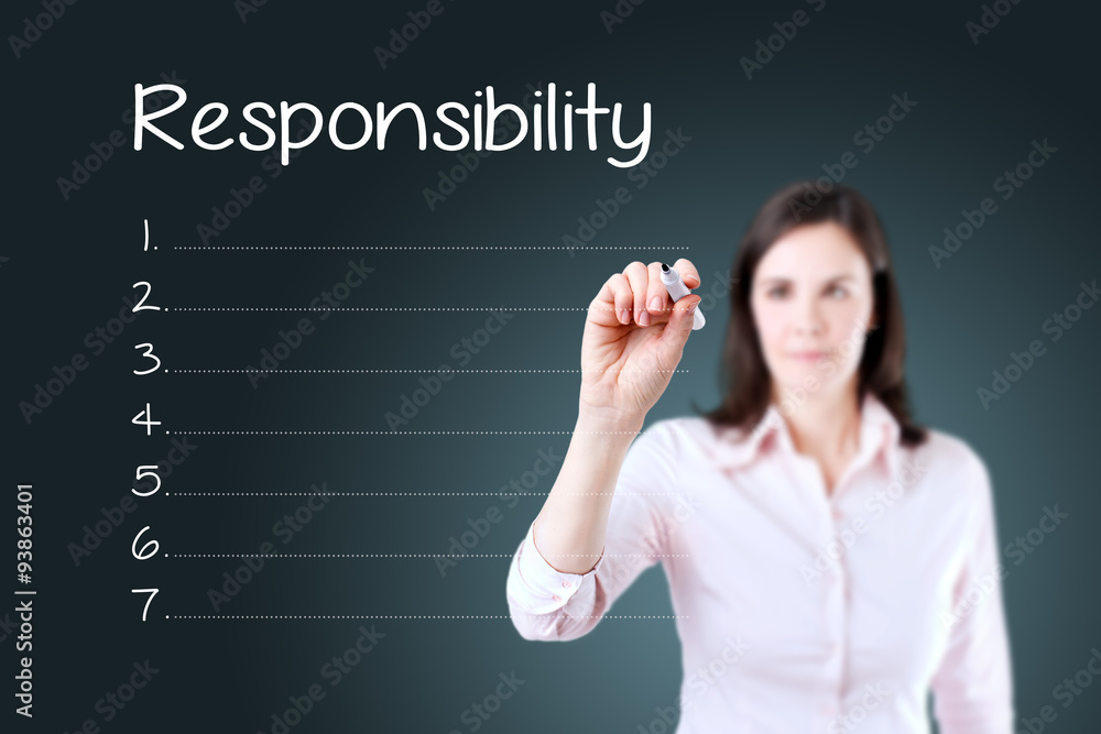 Business woman writing responsibility list in blank. Blue background. Business woman writing responsibility list in blank. Blue background.