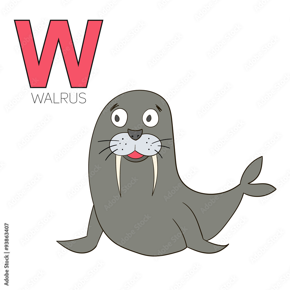Obraz premium Alphabet letter W walrus children vector