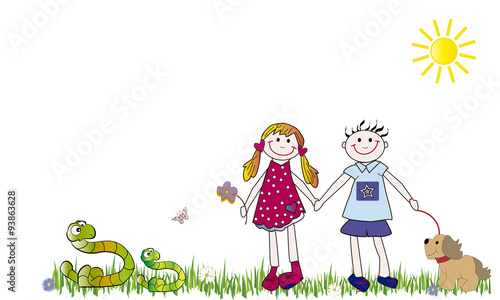 Pareja de niños felices con perro y serpientes