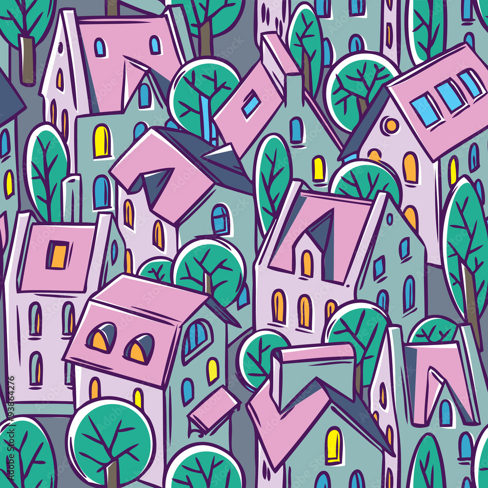 City seamless pattern with roofs