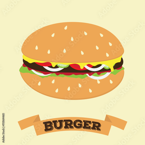 Flat cartoon hamburger symbol with banner place for text vector fast food icon illustation
