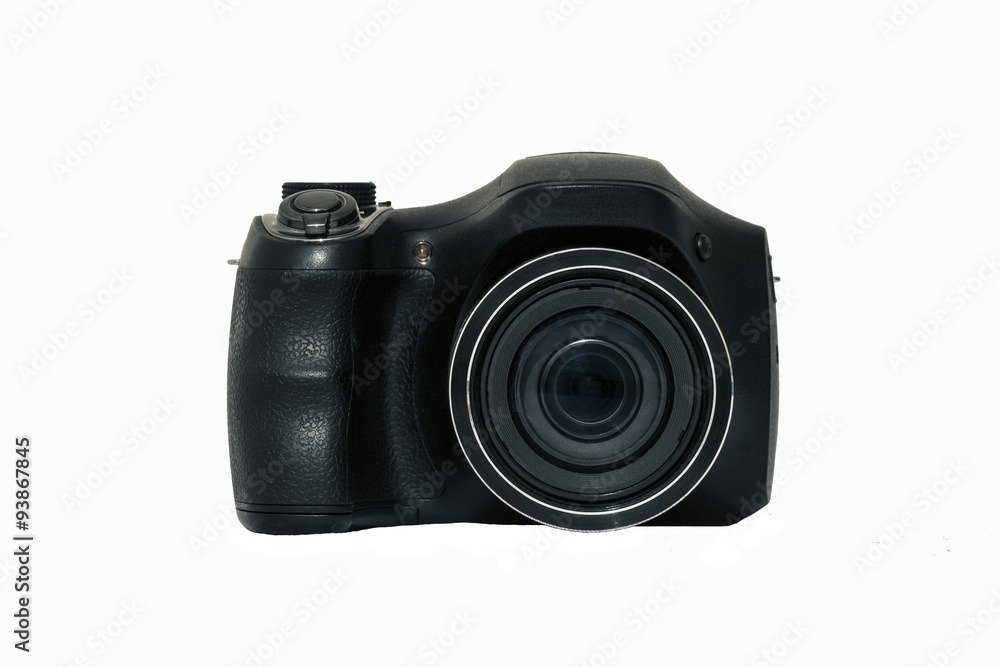Black ultrazoom camera with non-removable lens and built-in flash.